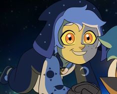 a cartoon character with blue hair and yellow eyes holding a small object in her hand