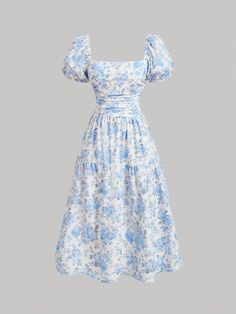 Blue Milkmaid Dress, Light Blue Modest Dress, Long Dresses For Church, Fancy Dresses Blue, Long Church Dresses, Preference Dresses, Floral Clothes Women, Blue Floral Dress Outfit, Cute Midi Dresses