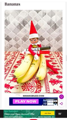 an elf is sitting on top of bananas with the caption banana's play now