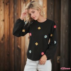 Elegant Long Sleeve Blouse with Floral Embroidery Crew Neck Blouse With Floral Embroidery, Embroidered Crew Neck Blouse, Casual Long Sleeve Embroidered Blouse, Multicolor Embroidered Top With Geometric Patterns For Fall, Multicolor Geometric Embroidered Top For Fall, Black Long Sleeve Embroidered Top, Cotton Long Sleeve Blouse With Floral Embroidery, Black Long Sleeve Embroidered Top For Summer, Black Embroidered Long Sleeve Top For Summer