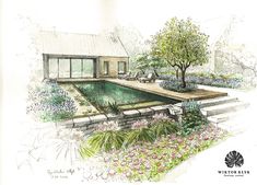 an artistic drawing of a pool surrounded by flowers and trees in front of a house