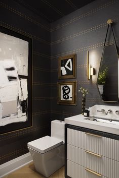 a white toilet sitting under a bathroom mirror next to a sink in a room with black walls