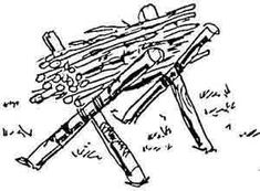 a drawing of a wooden bench made out of sticks and wood dowels, in the grass