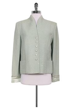 Current Boutique-St. John - Mint Green Jacket Sz 10 Elegant Silver Blazer For Workwear, Elegant Silver Blazer For Work, Silver Blazer For Spring Formal, Silver Winter Formal Blazer, Elegant Silver Outerwear For Work, Silver Formal Blazer For Winter, Elegant Silver Winter Blazer, Elegant Fitted Silver Outerwear, Mint Green Jacket