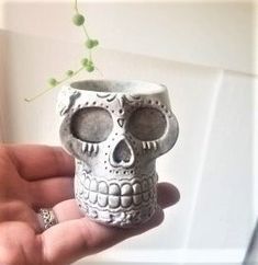 a hand holding a small ceramic skull planter