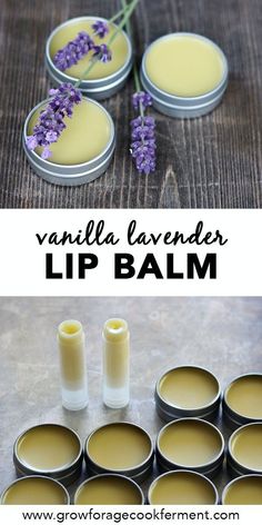 lavender lip balm in small tins with flowers on the side and text overlay that reads vanilla lavender homemade lip balm