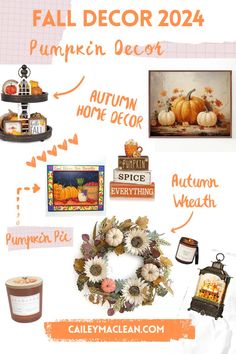 fall decor with pumpkins, autumn home decor and other things to decorate on the wall