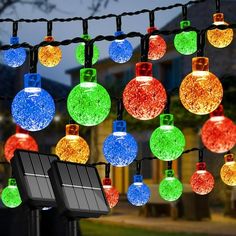 solar powered christmas lights hanging from a string