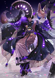 an anime character is dressed in purple and black