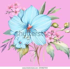 blue flower with green leaves and pink flowers painted in watercolor on a pink background