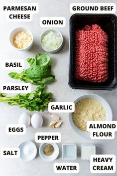 ingredients for ground beef recipe laid out on a table