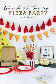 a birthday party with pizza decorations and desserts on the table in front of a sign that says fun ideas for throwing a pizza party