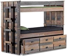 a wooden bunk bed with drawers underneath it