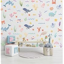 an ocean themed wallpaper with sea animals and other marine creatures in pastel colors