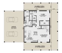 the floor plan for a two story house with an attached garage and living room area