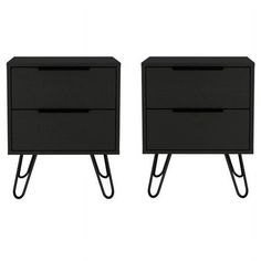 two black nightstands side by side with metal legs