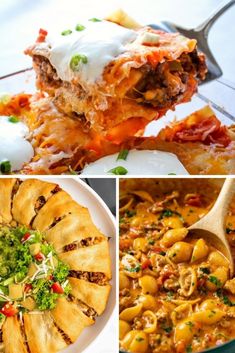 four different pictures with food in them including pasta, lasagna and meat pie