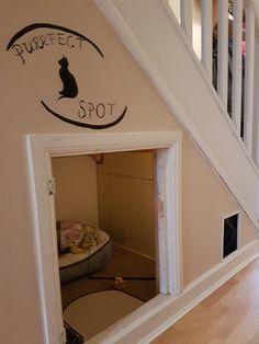 a cat sitting on top of a wooden floor under a stair case in a house