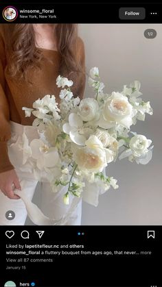 a woman holding a bouquet of white flowers in her left hand and an instagram message on the right