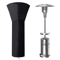 an outdoor heater next to a tall black pole