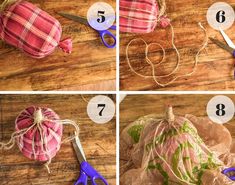 four pictures showing how to make an ornament with fabric and twine on it