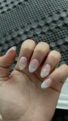 Beachy Christmas Nails, Christmas Beach Nails, White French Tip Nails With Flowers, Nails Ideas 2024, Nails For Italy Trip, White Design Nails, Honeymoon Nails, Elegant Almond Nails, Subtle Nails