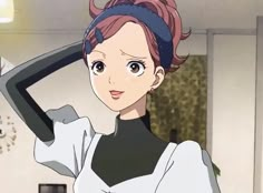 an anime character with pink hair wearing a black and white top, standing in a room