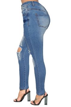 Light Blue Denim Distressed Skinny Jeans Denim Blue Ripped Mid-rise Jeans, High Rise Denim Jeans With Holes, Blue Ripped Stretch Jeans, High Rise Jeans With Holes In Medium Wash, Blue Denim Jeans With Holes, Blue Stretch Cutoff Jeans, Cool Girl Style, Party Dress Long Sleeve, Puff Sleeve Dresses