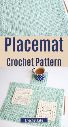 the crochet placemat pattern is shown in blue and white, with coffee cup on