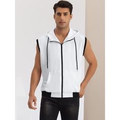 Sleeveless sweatshirt vest features pockets for you to keep your small items. A hoodie vest can be worn alone or paired with other garments like t-shirts or long-sleeved shirts for a daily look. Pair a hoodie vest with shorts, jeans, and casual trousers to create a different look. Hoodie vest is suitable for sports, camping, travel and daily wear. White Sleeveless Top With Pockets, White Cotton Athleisure Vest, Cotton Athleisure Vest For Spring, Spring Cotton Vest For Athleisure, Spring Athleisure Cotton Vest, Sleeveless Cotton Top With Drawstring Hood, Hooded Cotton Vest With Pockets, Hooded Cotton Vest For Streetwear, Hooded Vest For Summer Streetwear