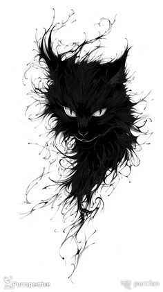 a drawing of a black cat's head with its hair blowing in the wind