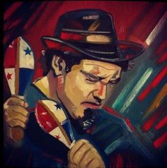 a painting of a man in a top hat holding two american flags and a spoon