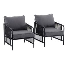 two black and grey chairs sitting next to each other