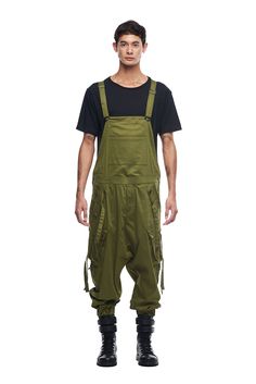 JONNY COTA mens-bottoms XS / GREEN UNISEX OVERALLS IN GREEN Utility Fashion Men, Cargo Overalls, Gender Neutral Outfits, Festival Fits, Men Jumpsuit, Neutral Outfits, Loose Clothing, Standing Poses, Loose Outfit