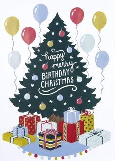 a christmas tree with presents and balloons in front of it that says happy merry birthday