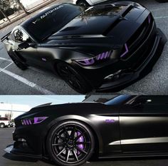 two different views of a black car with purple lettering on the hood and side stripes