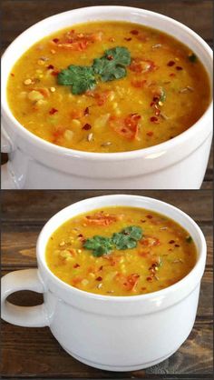 two pictures of soup in white bowls on top of a wooden table