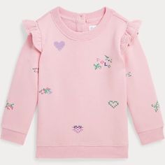 This Lightweight Sweatshirt Is Extra Cute Thanks To Ruffles At The Shoulders And An Embroidered Motif Of Hearts And Flowers. Its Cotton-Blend Fleece Is Washed And Peached For Ultimate Comfort. 60% Cotton, 40% Polyester. Machine Washable. By Choosing Our Cotton Products, You’re Supporting Our Investment In The Better Cotton Mission To Help Cotton Communities Survive And Thrive, While Protecting And Restoring The Environment. This Product Is Sourced Via A System Of Mass Balance And Therefore May N Cute Sweatshirt For Spring Playwear, Playful Long Sleeve Tops With Ruffles, Playful Embroidered Crew Neck Top, Cute Ralph Lauren Long Sleeve Top, Pink Long Sleeve Ralph Lauren Tops, Ralph Lauren Pink Long Sleeve Tops, Hearts And Flowers, Colorado Vacation, Fleece Sweatshirt