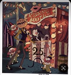 an image of a cartoon character in front of a booth with clowns on it