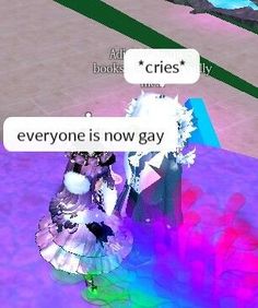 two people standing next to each other in front of a computer screen with the caption'everyone is now gay '