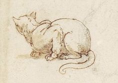 a drawing of a cat sitting on the ground with its head turned to the side