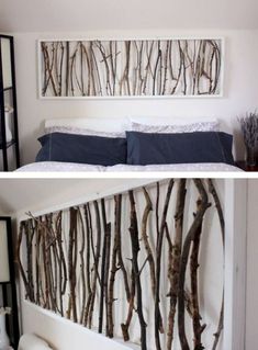 two pictures side by side of a bed with branches on the headboard and another photo of a wall hanging above it