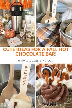 a collage of different pictures with text overlaying the top and bottom that says cute ideas for a fall hot chocolate bar