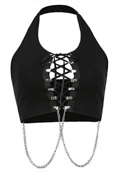 Gothic Hot Girl Clubwear Hollow Chest Tank Top Black Lace-up Halter Chain Decorated Navel Crop Top Goth Crop Top, Gothic Tank Tops, Rave Dance, Crop Tube Top, Tops Online Shopping, Gothic Tops, Black Corset Top, Cropped Tube Top, Blue Outfit