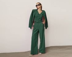 Emerald Palazzo Pants, Wide Leg Pants, Green Pantsuit, Woman Pants, Bridesmaid Pants, Office Suit, Prom Suit, Wedding Guest Suit, Engagement ⭐Size: Please write your chest, waist, hips, height, and we will make a suit to your individual measurements! After you place your order, we may ask you for additional measurements. We do this to ensure that the suit fits you perfectly👌😊 ⭐Our fabric: We have used a premium quality suiting fabric.  ⭐Shipping: ✈️We have two shipping options that we can offe Prom Pantsuit Woman, Women Suits Wedding Guest, Bridesmaid Suits For Women, Wedding Guest Suit Women, Green Suit For Women, Prom Pantsuit, Womens Pant Suits, Bridesmaid Suit, Suit Wedding Guest