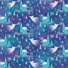 a blue and purple christmas background with trees, houses and snowflakes on it