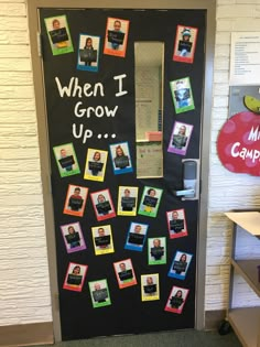 a classroom door decorated with pictures and magnets