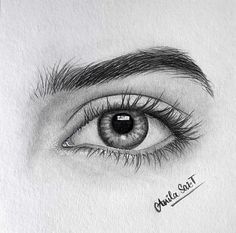 a pencil drawing of an eye with long lashes