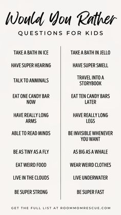 the words would you rather be able to say? in this printable list for kids