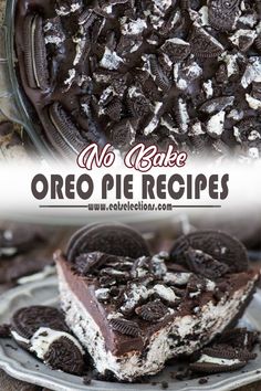 no bake oreo pie recipe in a glass dish with the title above it